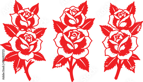 Three red roses with leaves on white background