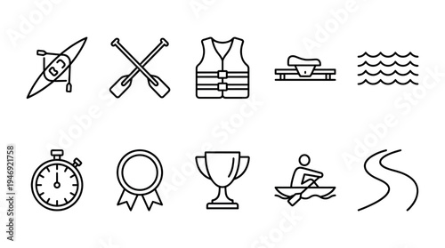 A collection of clean line art icons representing rowing sports, including a kayak, paddles, life vest, trophy, stopwatch, and water waves.