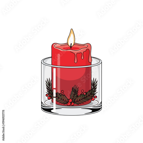 Red Candle in Glass Holder with Decoration.