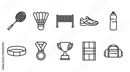 A clean, flat icon set of black line art depicting badminton equipment, including a racket, shuttlecock, net, shoe, and water bottle, suitable for sports websites.