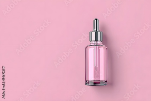 Pink Glass Dropper Bottle on Soft Pink Background for Skincare Use