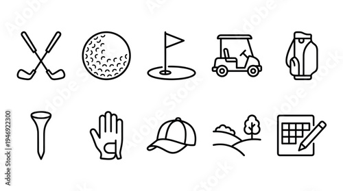 A clean line art set of golf icons including clubs, ball, tee, glove, cart, bag, course, and scorecard.