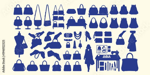 Fashion accessories and handbag silhouettes, luxury handbags and jewelry pattern, women accessories boutique vector art, trendy fashion items background texture, designer purse and jewelry silhouettes