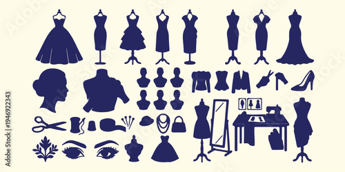 Tailoring and fashion design studio silhouettes, dressmaker mannequin and sewing pattern, garment construction and design vector, fashion atelier studio background art, sewing craft and dressmaking si