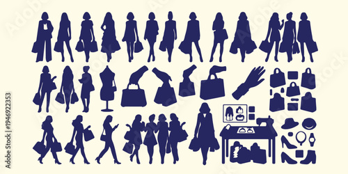 Fashion retail and boutique shopping silhouettes, trendy lifestyle women shopping pattern, boutique customer and mannequin vector, luxury retail shopping experience background, lady with handbags silh