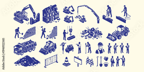 Heavy demolition and construction work silhouettes, industrial building site workers pattern, excavator and jackhammer machinery vector, site clearing and renovation background, civil engineering cons