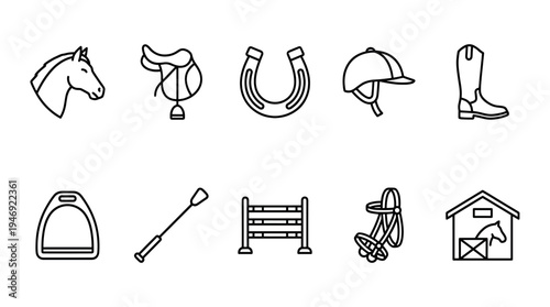 A minimalist line art collection of equestrian icons, featuring a horse, saddle, horseshoe, helmet, boot, stirrup, whip, jump, bridle, and stable, ideal for sport and animal themes.