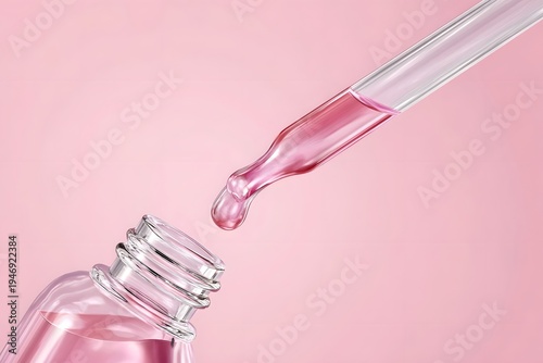 Close-Up of Pipette Dropping Liquid from Glass Bottle on Pink Background