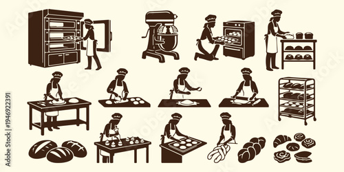 Professional bakers and pastry chefs silhouette, commercial kitchen bakery workers pattern, bread making and kneading process, artisanal bakery staff at work, chef baking in oven vector, culinary prof