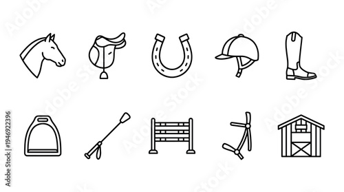 A collection of clean, black line art icons representing various equestrian items used for horse riding and stable care.