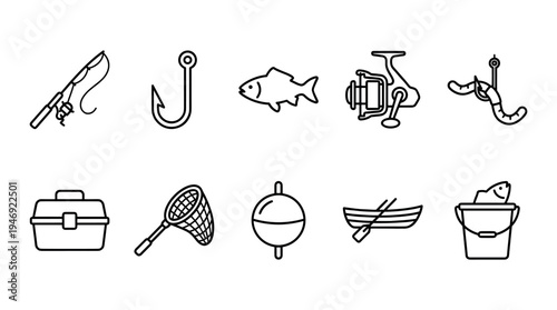 A clean, minimalist line art collection of essential fishing gear presented in a simple, graphic style, ideal for websites or brochures.