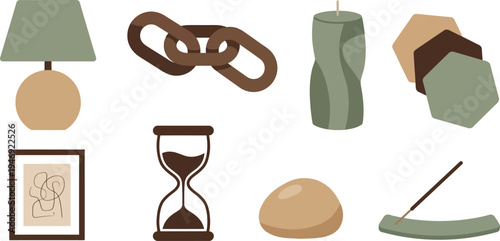 Abstract Japandi tabletop shelf accessories with table lamp wooden chain hourglass sculptural candle stacked coasters incense holder in warm beige dark brown sage green for shelf design