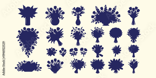 Floral bouquet and vase silhouettes, decorative flower arrangement pattern, elegant botanical silhouette vector art, home decor floral design background, garden flower bouquet silhouette art, luxury f