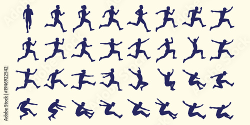 Human running and athletic motion, sprinting athlete silhouette pattern, healthy lifestyle running vector art, sports activity and marathon background, diverse running poses silhouette art, fitness tr