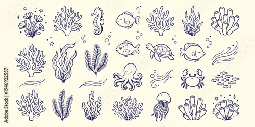 Undersea life and marine animals, hand drawn ocean sea creatures sketch, coral reef and fish vector art, maritime wildlife aquatic background, octopus and sea turtle doodle art, undersea world nature 