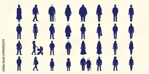 Diverse people social silhouette, group of people lifestyle pattern, community walking and sitting background, everyday life social interaction vector, people in the city silhouette art, social gather