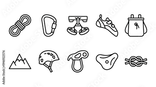 A collection of minimalist line art icons representing essential rock climbing and mountaineering equipment on a clean white background.