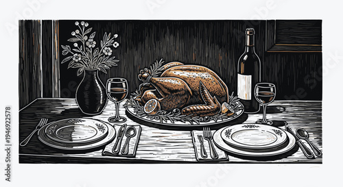 food-themed scratchboard illustration depicting a dinner table setting.