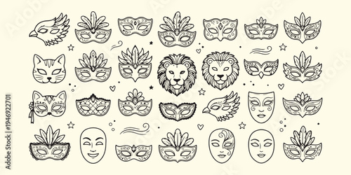 Carnival mask and lion face art, masquerade party decorative pattern, hand drawn festival mask sketch, majestic lion and mask vector, ornate carnival celebration background art, cultural festival and 