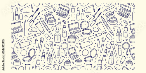 Cosmetics and beauty products pattern, feminine makeup and skincare background, hand drawn beauty tools vector, luxury cosmetic products seamless texture, makeup artist equipment doodle art, vanity sh