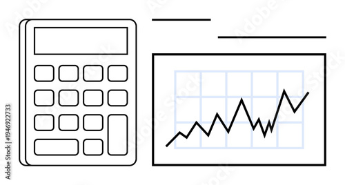 Financial planning, market analysis, data visualization, business trends, statistical research, accounting concepts. Calculator and graph with a rising line. Financial planning and market analysis