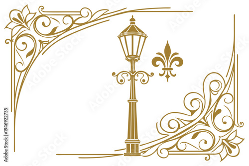 Elegant vintage vector graphic illustration featuring a classic street lamp design adorned with decorative swirling corner borders and a sophisticated fleur-de-lis symbol.