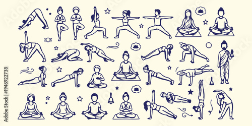 Yoga poses and meditation practice, diverse workout and stretching sketch, healthy lifestyle yoga doodle art, mindfulness zen meditation vector, physical activity and yoga set, yoga studio exercise de