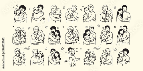 Loving family and couple poses, hand drawn parent and child sketch, romantic couple and family bonding vector, heartfelt family moments illustration, parent child relationship doodle art, emotional fa