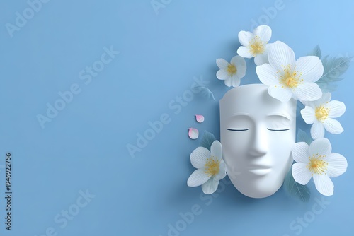Serene Facial Mask Surrounded by White Flowers on Soft Blue Background