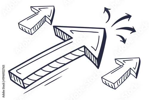 Hand-drawn doodle style vector illustration showing multiple upward-pointing arrows indicating growth, progress, success, and positive movement direction.