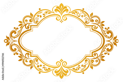 A luxurious golden oval vector frame illustration featuring intricate floral scrollwork and elegant vintage design elements for sophisticated graphic projects.