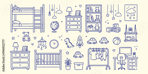 Nursery baby room furniture doodle, hand drawn children room interior, cute baby cradle and toys sketch, kids bedroom furniture vector art, nursery decor and accessories doodle, playful childhood room