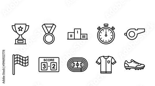 A collection of black and white line art icons representing various sports equipment and achievements, ideal for design projects related to athletics and competition.