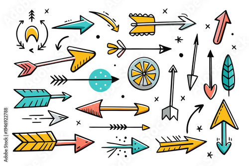A charming collection of diverse hand-drawn doodle vector graphic arrows and unique decorative elements, perfect for indicating direction or adding playful artistic flair.