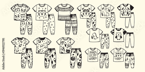 Fashion clothing and pajamas set, cute kids loungewear sketch pattern, hand drawn t-shirt and pants, cozy nightwear fashion doodle collection, children clothing apparel design vector, trendy kids fash