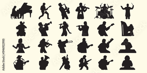 Musical band performance silhouettes, diverse musician playing instruments pattern, rock band and orchestra vector, jazz music performance background art, singer and guitarist silhouette collection, m