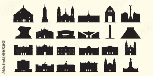Historical landmark building silhouettes, world famous monuments architecture pattern, ancient temple and museum vector, city heritage and tourism background, cultural landmark building silhouette art