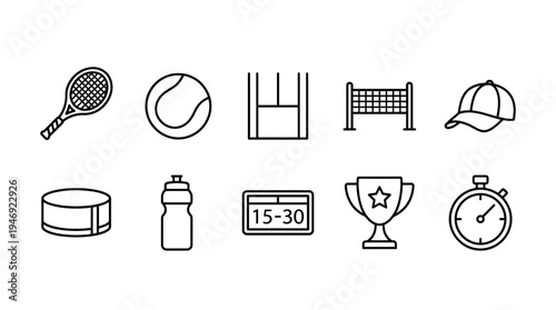 A collection of simple black line art icons depicting tennis equipment and related items, perfect for sports graphics and web design.