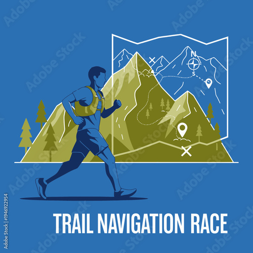 Energetic Athlete Conquering Mountain Trails During a Trail Navigation Race Competition