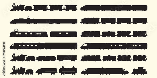 Railway train and locomotive silhouettes, industrial transport vehicle pattern, modern high speed train vector, steam engine and cargo train, railway logistics transportation background, public transp