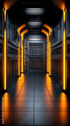 A futuristic corridor with glowing orange lights, metal walls, and a barred door at the end