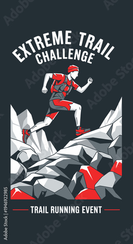 Energetic Athlete Conquering Rocky Terrain: Extreme Trail Running Challenge Displayed Dynamically