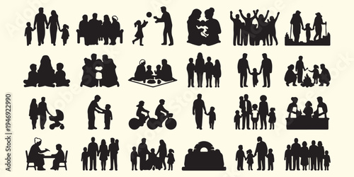Family social bonding silhouettes, parents and children activity pattern, group of people lifestyle background, outdoor family fun vector art, diverse people social gathering silhouettes, happy family