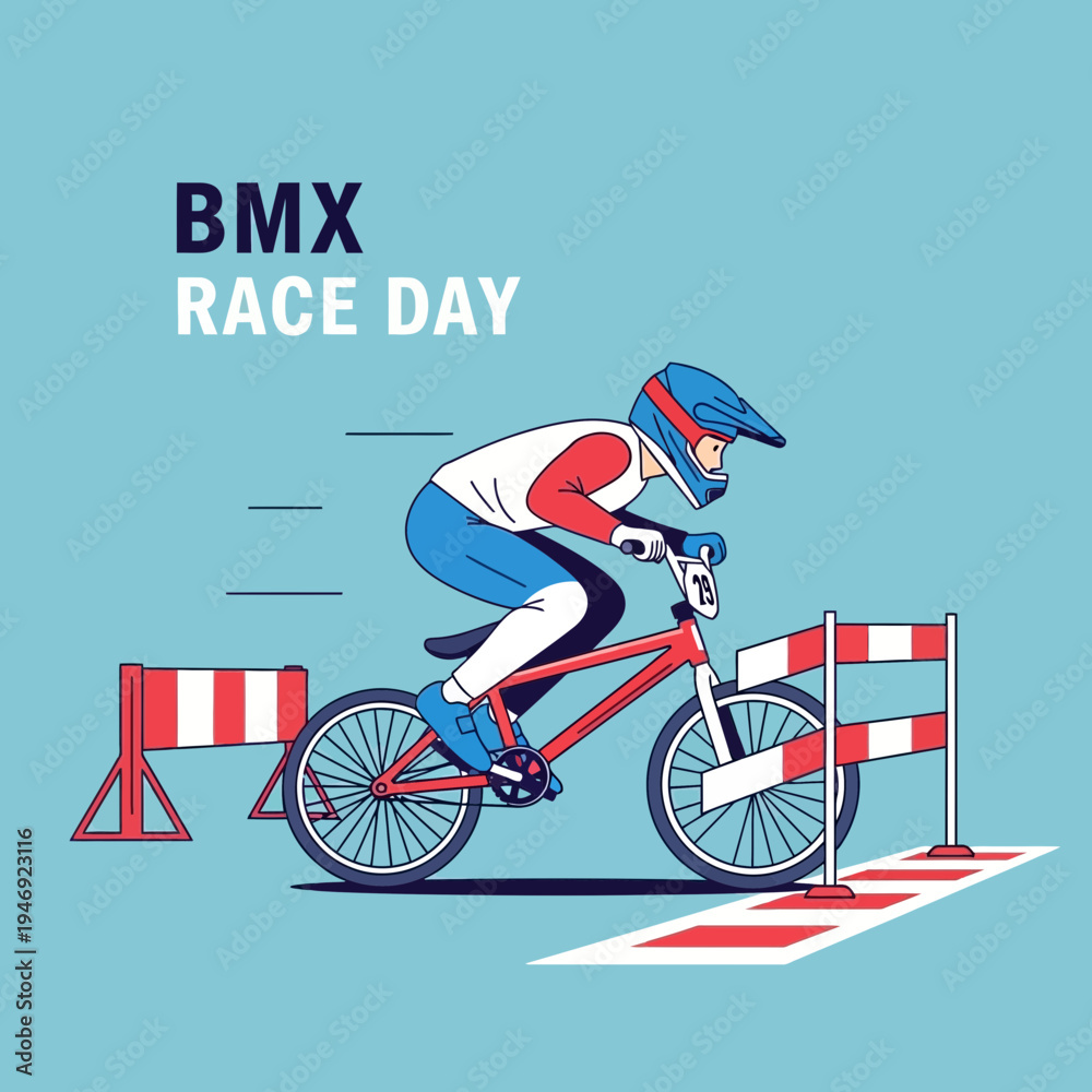 Obraz premium Energetic BMX Racer Navigating Obstacles During High-Speed Competition, Race Day Illustration