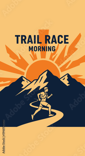 Energetic Athlete Races Through Mountain Trail at Dawn Under a Radiant Sunrise