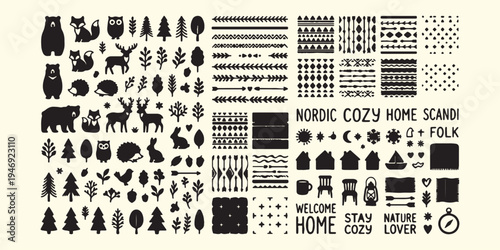 Nordic style winter icons set, cozy home and nature doodle, scandinavian winter lifestyle vector, hygge home decor design elements, winter forest and animal sketch, holiday celebration nordic pattern 
