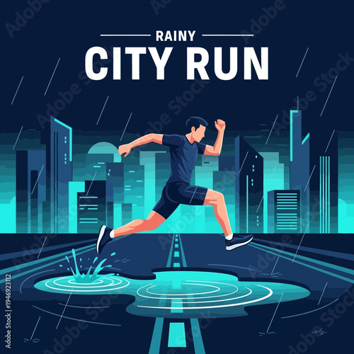 Energetic Athlete Races Through Rainy Cityscape on a Dark Evening Amidst Urban Architecture