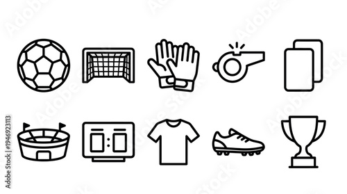 A collection of simple black line icons depicts various soccer game elements including a ball, goal, gloves, whistle, scoreboard, jersey, shoe, trophy, and stadium.