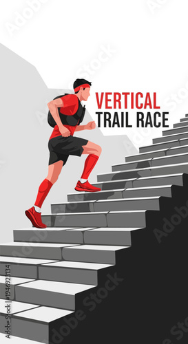 Energetic Athlete Scaling Staircase in a Vertical Trail Race, Achieving Athletic Triumph