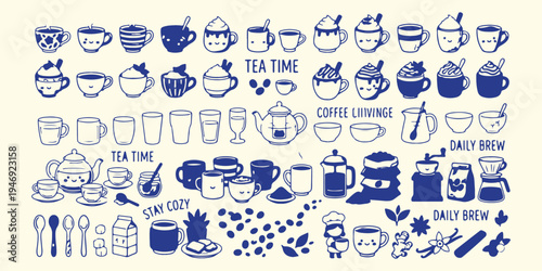 Tea and coffee time doodle, hand drawn cafe menu icons, aromatic morning beverage sketch pattern, coffee shop breakfast design elements, cozy tea time lifestyle vector, barista equipment and mug doodl
